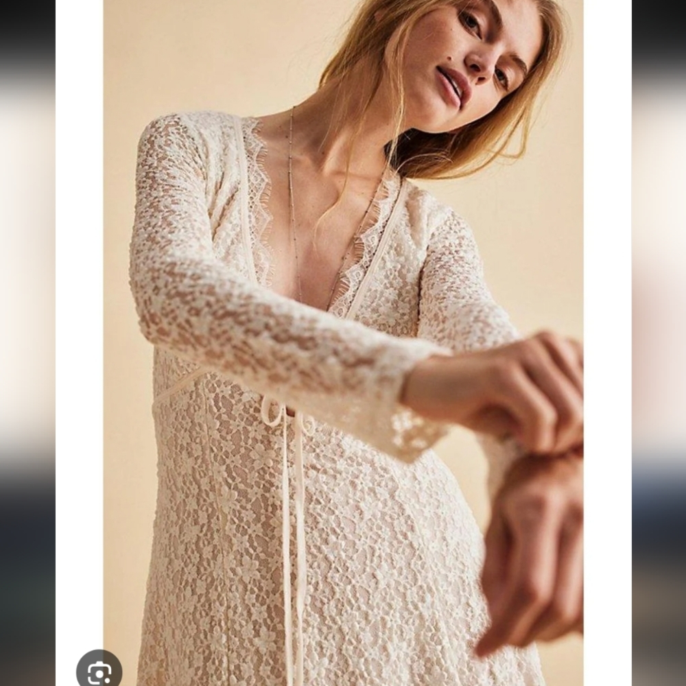 Free People Cream Lace Long Sleeve Dress